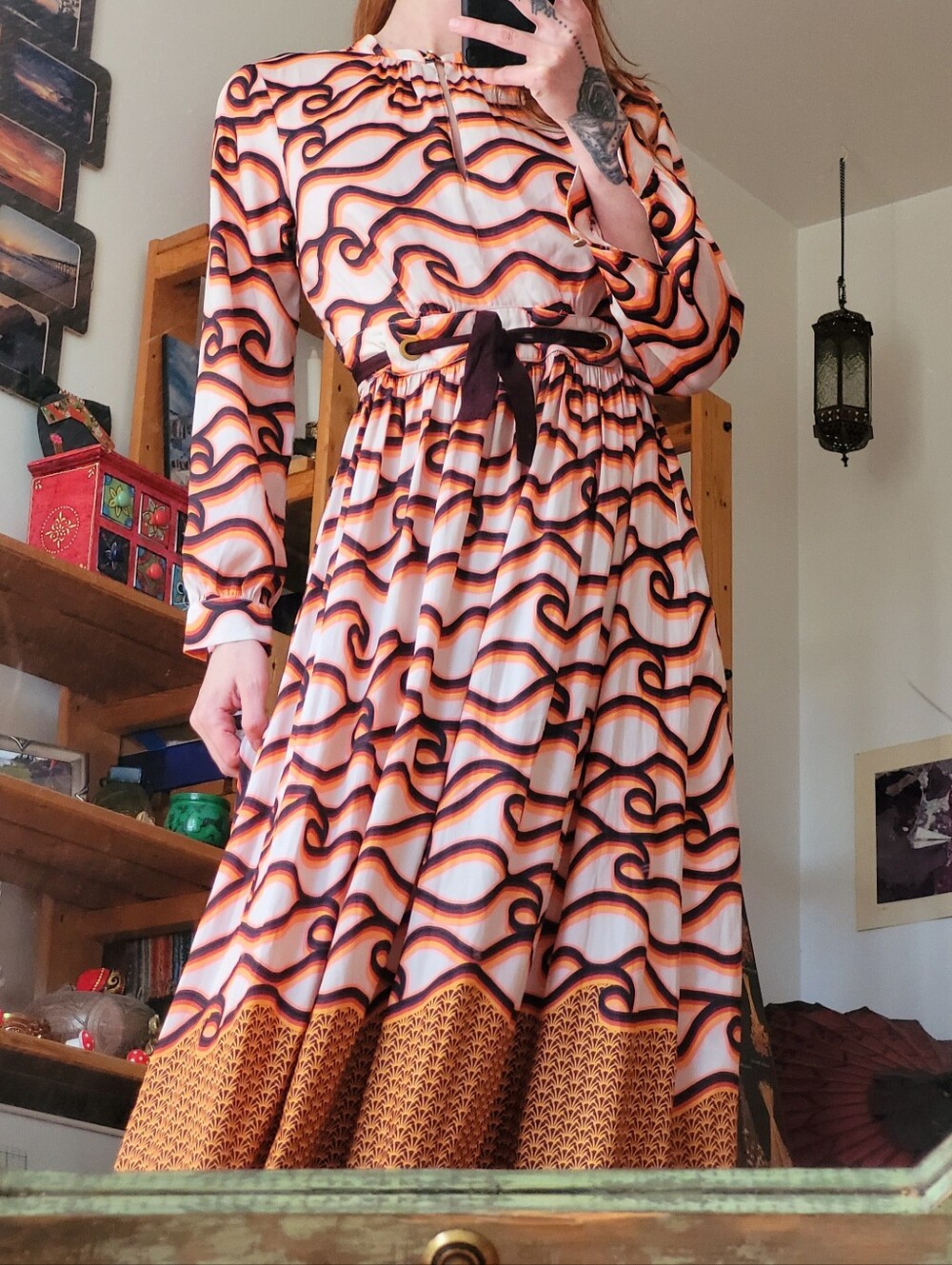 Scotch & Soda Drapey 70s Style Long Sleeve Maxi Dress in Cream Orange Brown- Xs